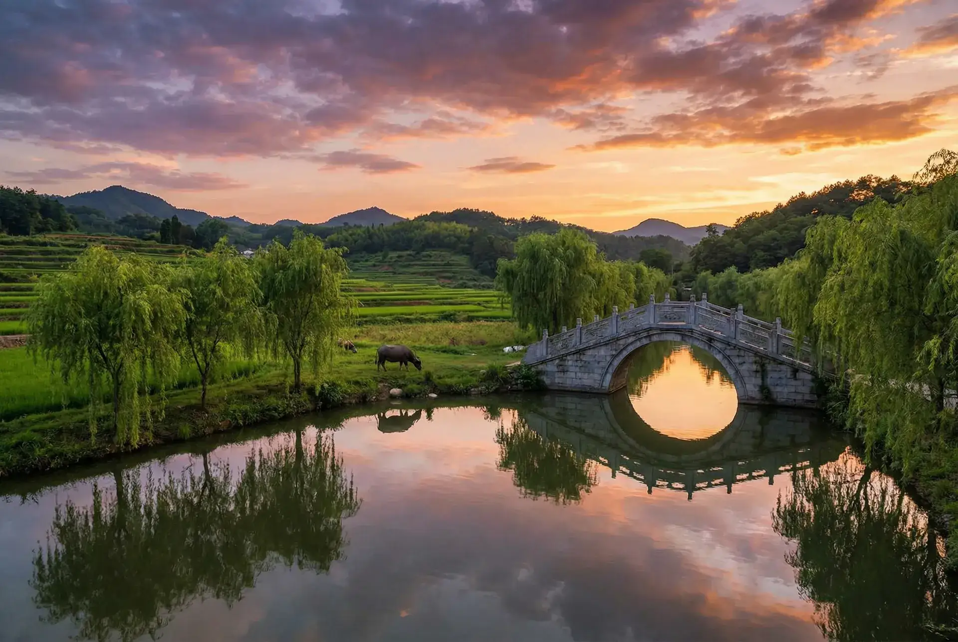 夕阳下的石拱桥与垂柳，水牛在河边吃草 - 噜啊噜 在线观看 免费 乡村美景